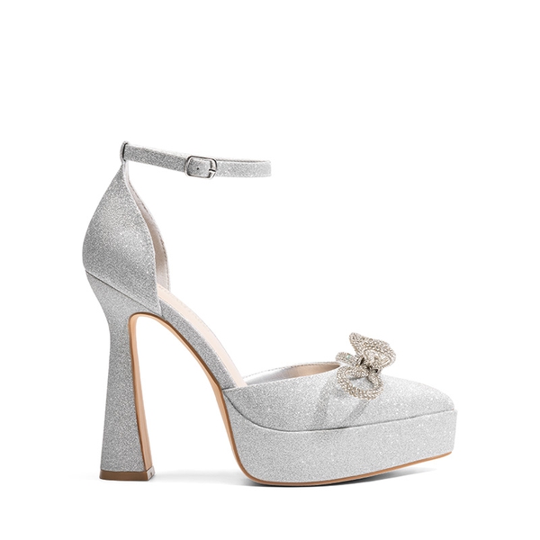 Rhinestone Bow Platform Pumps - SILVER-GLITTER - 3